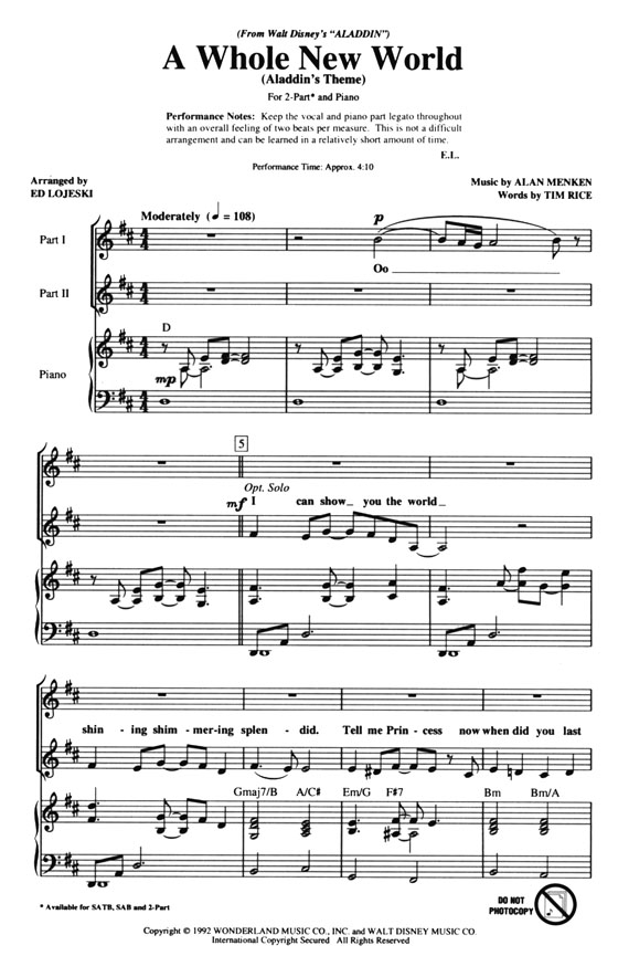 A Whole New World (Aladdin's Theme) 2-Part A Whole New World (Aladdin's Theme) 2-Part