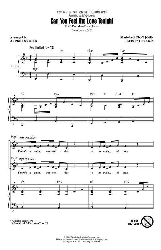 【Can You Feel the Love Tonight】3-Part Mixed 【Can You Feel the Love Tonight】3-Part Mixed