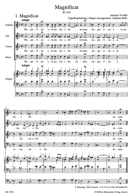 Vivaldi【Magnificat , RV610／611】Bearbeitet fur Soli, Chor und Orgel , Partitur／Score