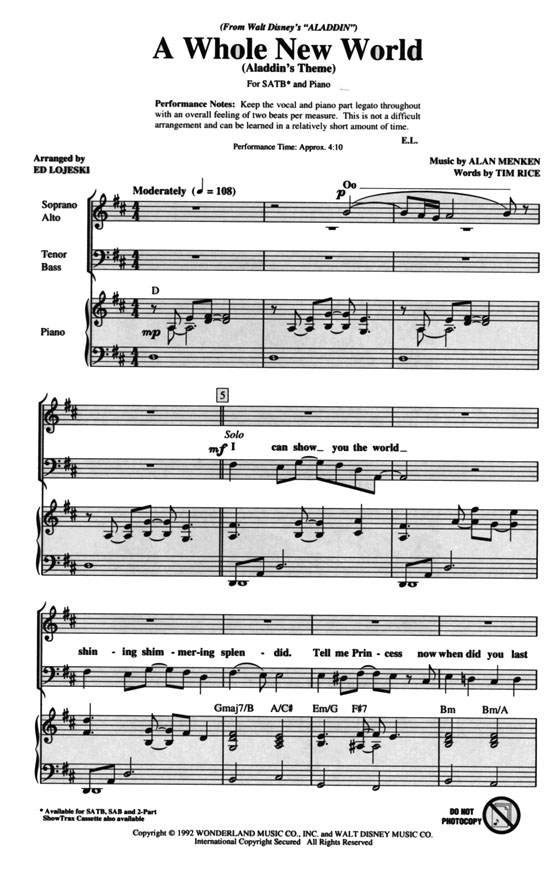 A Whole New World (Aladdin's Theme)SATB