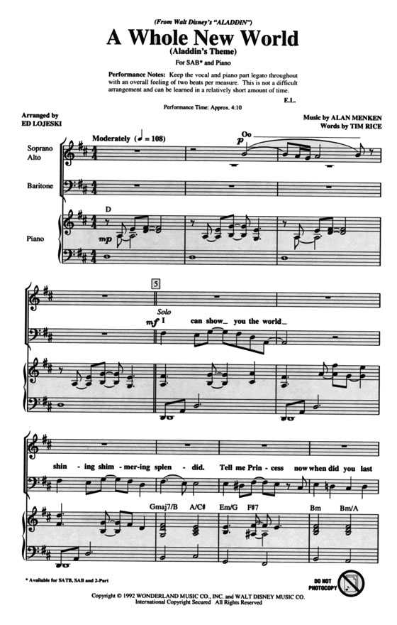 A Whole New World (Aladdin's Theme) SAB A Whole New World (Aladdin's Theme) SAB