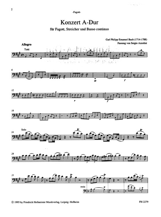 C. P. E. Bach【Konzert A-Dur】für Fagott, Streicher und Basso continuo , Klavierauszug