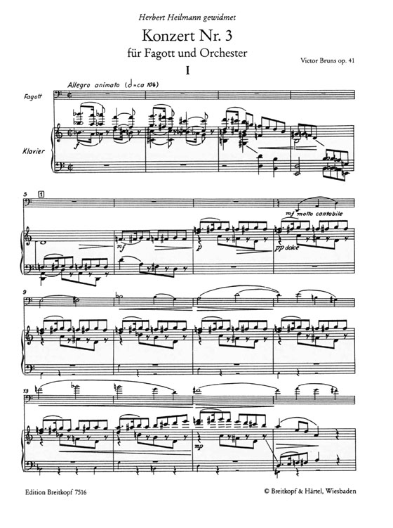 Bruns【Konzert Nr. 3 ,  Op. 41】für Fagott und Orchester , Ausgabe für Fagott und Klavier