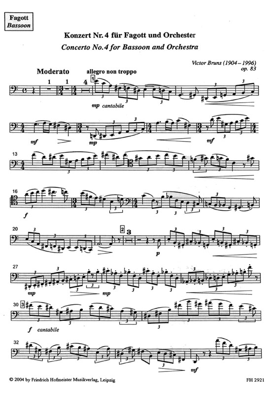 Victor Bruns【Konzert Nr. 4 , Op. 83】für Fagott und Orchester , Ausgabe für Fagott und Klavier