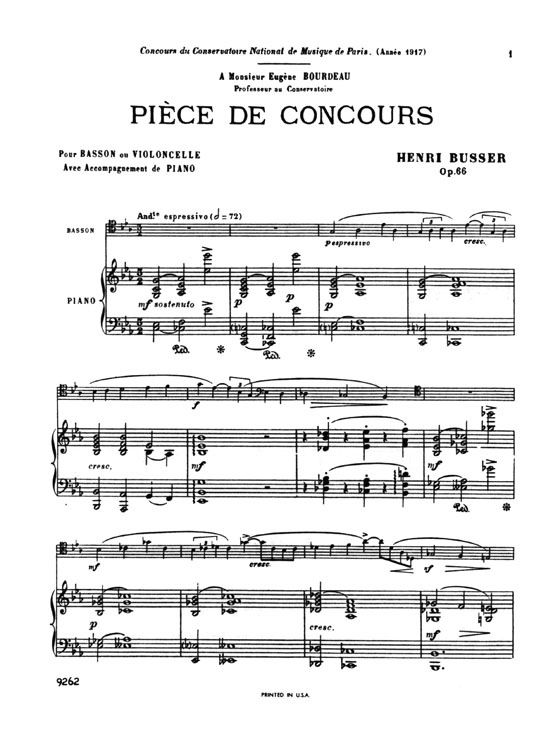 Busser【Piece De Concours , Opus 66】for Bassoon and Piano Busser【Piece De Concours , Opus 66】for Bassoon and Piano