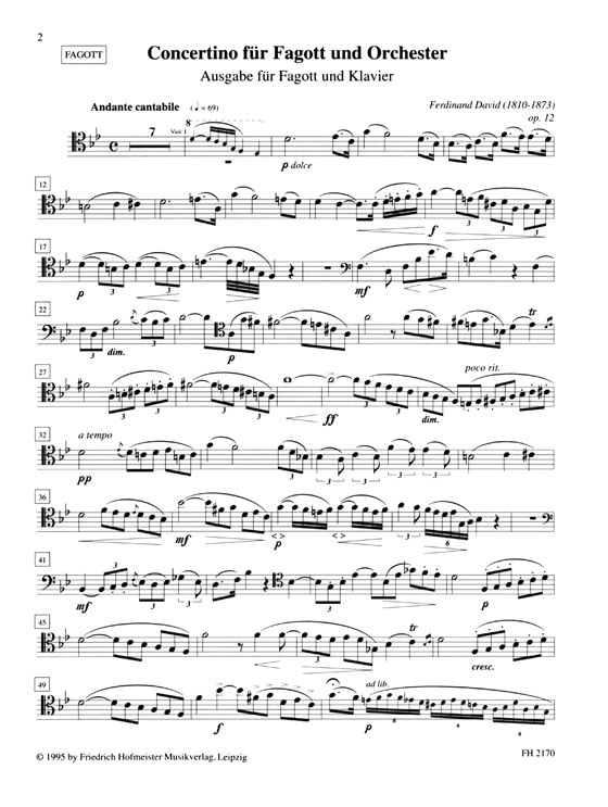 Ferdinand David【Concertino , op. 12】für Fagott und Orchester, Klavierauszug (Waterhouse)