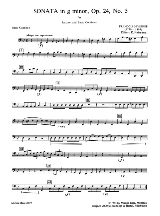 Francois Devienne【Sonata in G minor , Op. 24 No. 5】for Bassoon and Basso Continuo Francois Devienne【Sonata in G minor , Op. 24 No. 5】for Bassoon and Basso Continuo