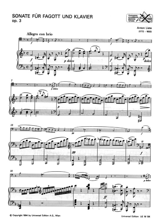 Anton Liste【Sonate , Op. 3】für Fagott und Klavier Anton Liste【Sonate , Op. 3】für Fagott und Klavier