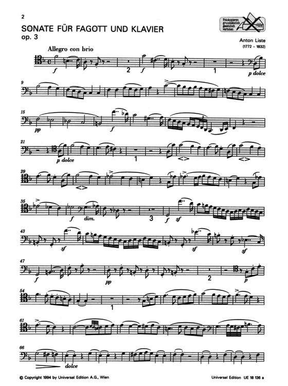 Anton Liste【Sonate , Op. 3】für Fagott und Klavier Anton Liste【Sonate , Op. 3】für Fagott und Klavier