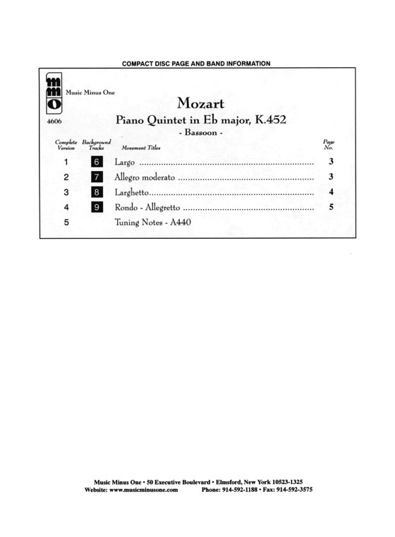Mozart【CD+樂譜】Piano Quintet in Eb Major, K. 452 for Bassoon