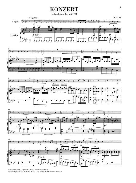 Mozart【Fagottkonzert】B-dur , KV 191 , Klavierauszug