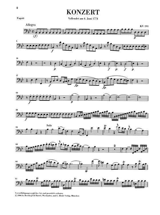 Mozart【Fagottkonzert】B-dur , KV 191 , Klavierauszug