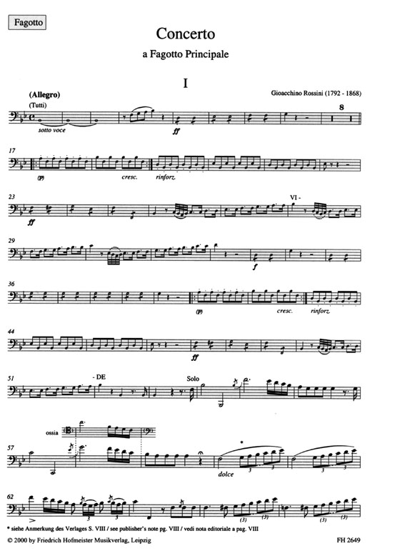 Gioacchino Rossini【Concerto】a Fagotto principale ,Ausgabe für Fagott und Klavier