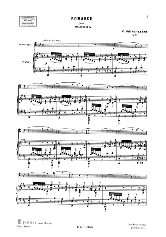 Saint-Saens(C.)【Op. 51 , Romance en Re】Transcriptions pour Basson et Piano