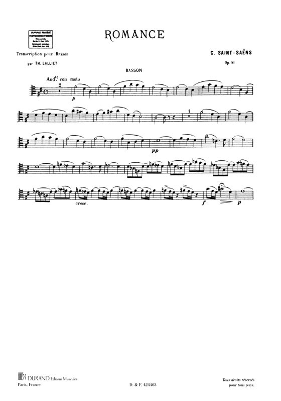 Saint-Saens(C.)【Op. 51 , Romance en Re】Transcriptions pour Basson et Piano
