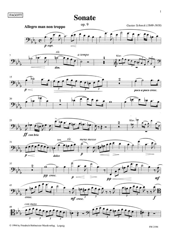 Gustav Schreck【Sonate】für Fagott und Klavier
