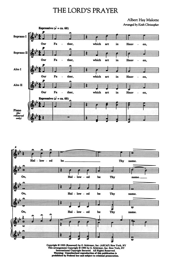 Albert Hay Malotte【The Lord's Prayer】for Chorus (SSAA)