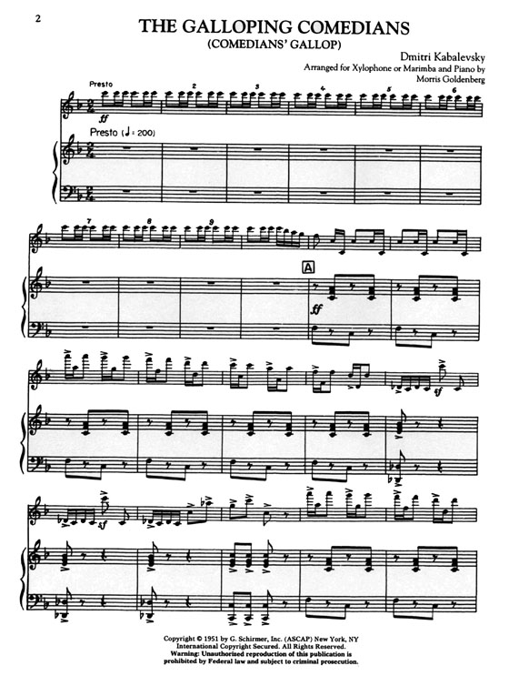 Dmitri Kabalevsky【The Galloping Comedians (Comedians' Gallop)】Arranged for Xylophone or Marimba and Piano