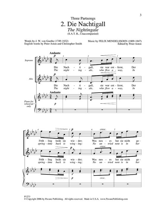 Die Nachtigall (The Nightingale) , Goethe／Mendelssohn SATB