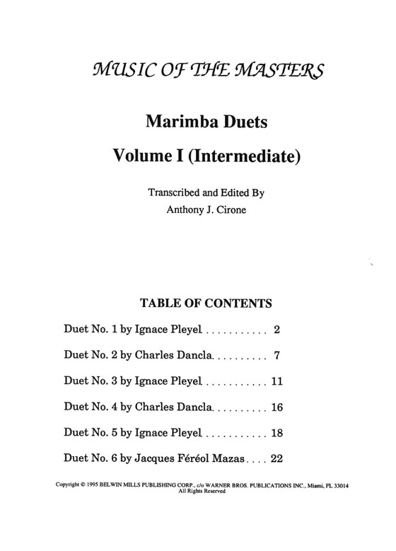 Music of the Masters Series : Marimba Duets , Volume I