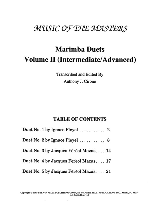 Music of the Masters Series : Marimba Duets , Volume II