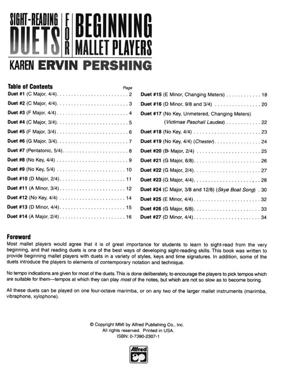 Sight-Reading Duets for Beginning Mallet Players