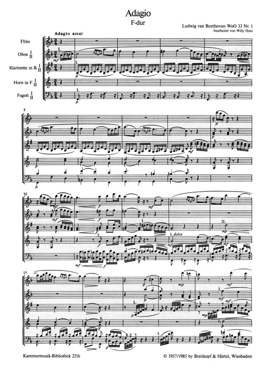 Ludwig van Beethoven【Adagio ,F-dur】für Flöte, zwei Oboen, zwei Klarinetten, zwei Hörner und zwei Fagotte