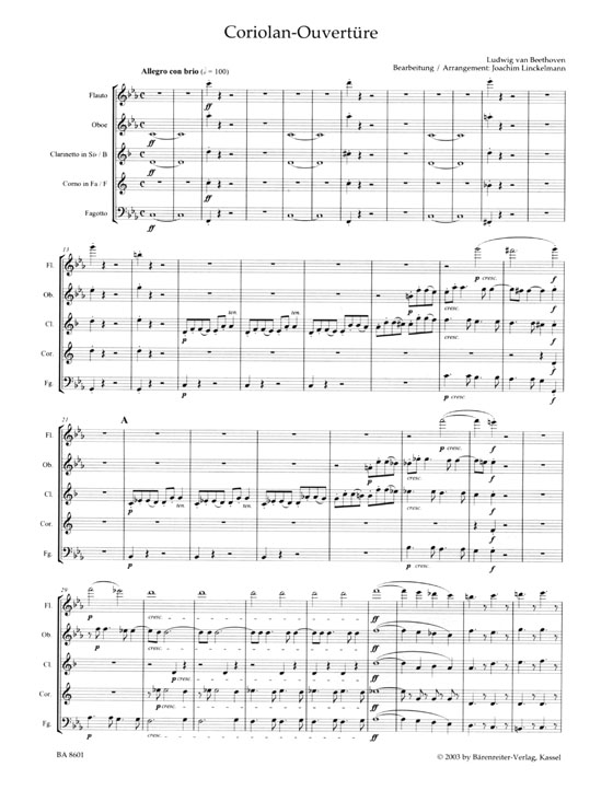 Beethoven【Coriolan-Ouverture , Op. 62】für Holzbläserquintett