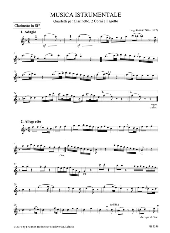 Luigi Gatti【Musica Istrumentale】Quartetti per Clarinetto, 2 Corni e Fagotto , Erstdruck／First Edition (Angerhofer)