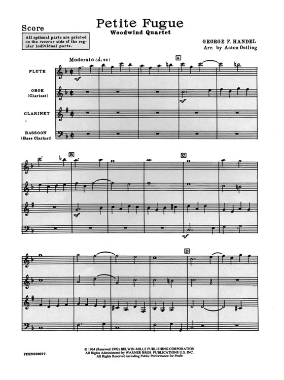 Handel【Petite Fugue】Woodwind Quartet／Score