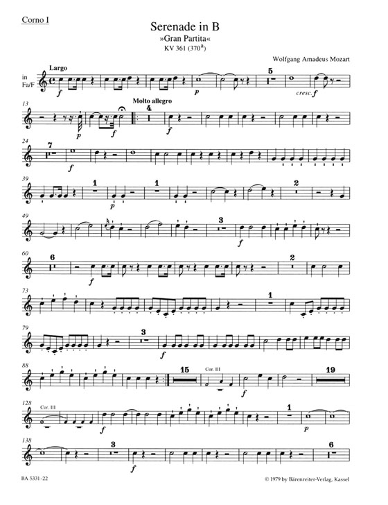 Mozart【Serenade in B , KV 361 (370a) , Gran Partita】für 2 Oboen, 2 Klarinetten, 2 Bassetthorner (Klarinetten), 4 Horner, 2 Fagotte und Kontrabass