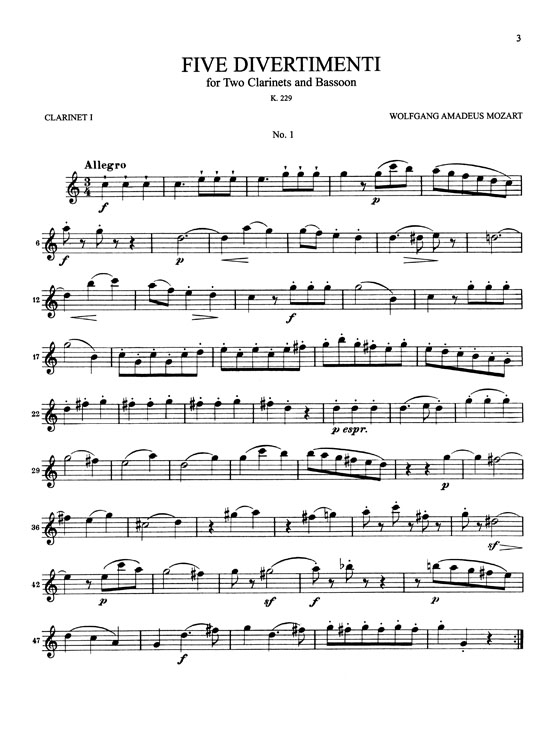 Mozart【Five Divertimento , K. 229】for Two Clarinets and Bassoon