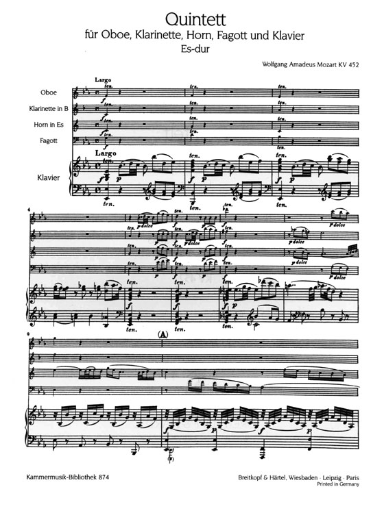 Wolfgang Amadeus Mozart【Quintett Es-dur , KV 452】für Oboe, Klarinette, Horn, Fagott und Klavier