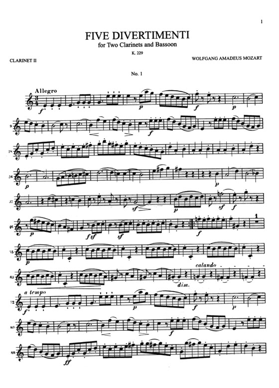 Mozart【Five Divertimento , K. 229】for Two Clarinets and Bassoon