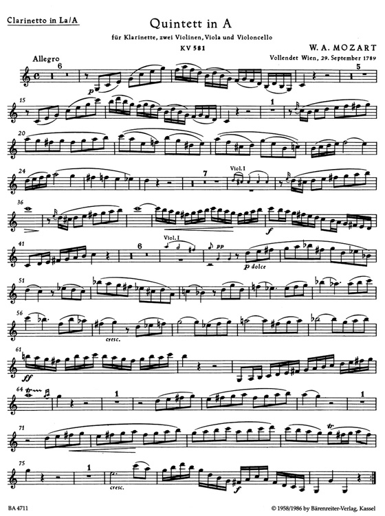 Mozart【Quintett in A , KV 581】für Klarinette, 2 Violinen, Viola und Violoncello Mozart【Quintett in A , KV 581】für Klarinette, 2 Violinen, Viola und Violoncello