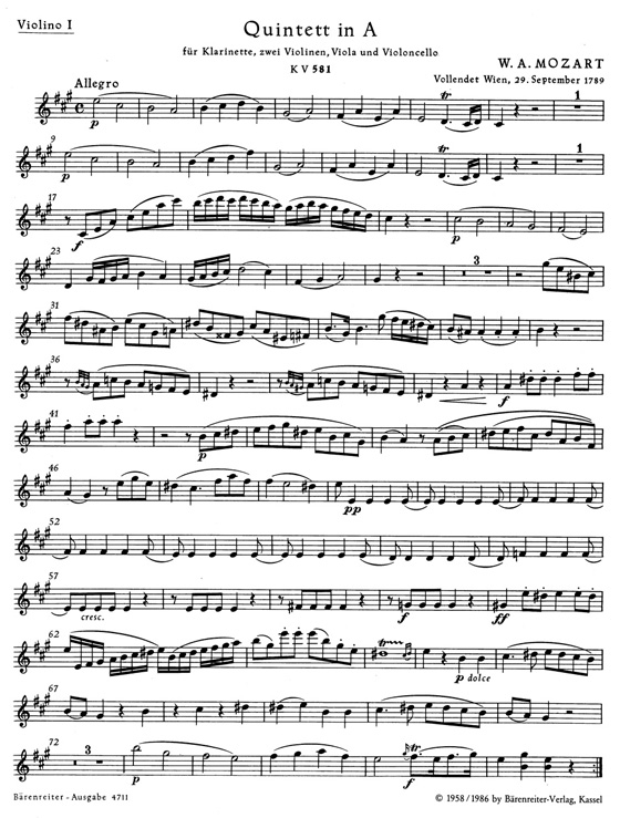 Mozart【Quintett in A , KV 581】für Klarinette, 2 Violinen, Viola und Violoncello Mozart【Quintett in A , KV 581】für Klarinette, 2 Violinen, Viola und Violoncello