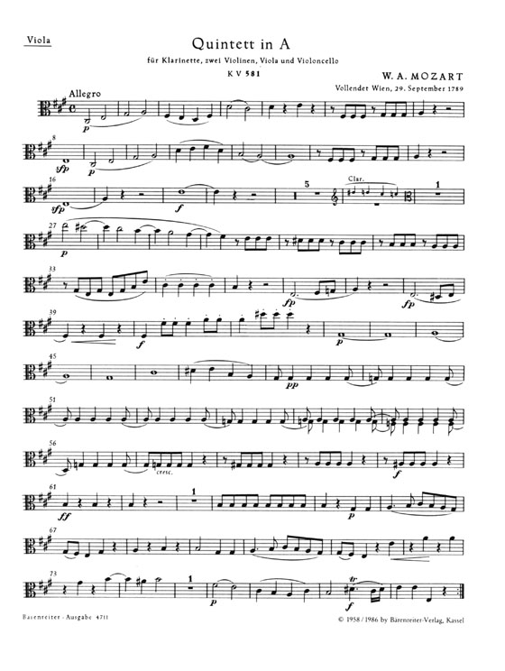 Mozart【Quintett in A , KV 581】für Klarinette, 2 Violinen, Viola und Violoncello Mozart【Quintett in A , KV 581】für Klarinette, 2 Violinen, Viola und Violoncello