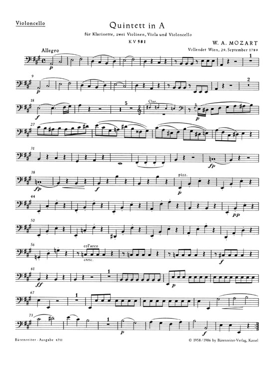 Mozart【Quintett in A , KV 581】für Klarinette, 2 Violinen, Viola und Violoncello Mozart【Quintett in A , KV 581】für Klarinette, 2 Violinen, Viola und Violoncello