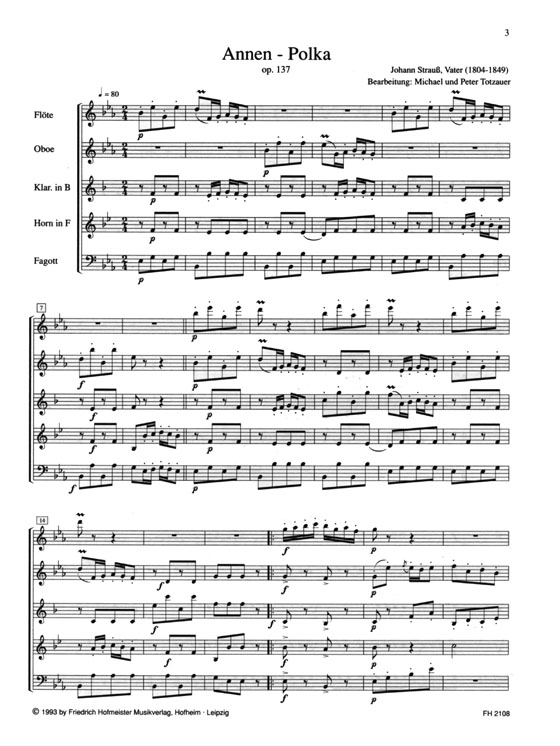 Johann Strauß (Vater)【Annen-Polka】für Bläserquintett