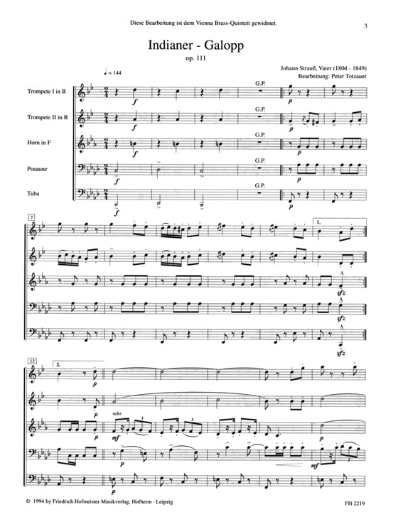 Johann Strauß (Vater)【Indianer-Galopp , op. 111】für Blechbläserquintett