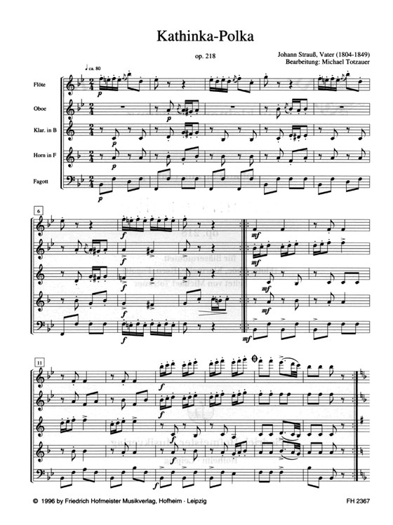 Johann Strauß (Vater)【Kathinka-Polka , op. 218】für Bläserquintett