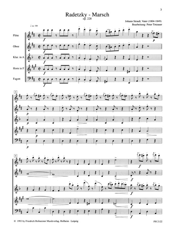 Johann Strauß (Vater)【Radetzky-Marsch , op. 228】für Bläserquintett
