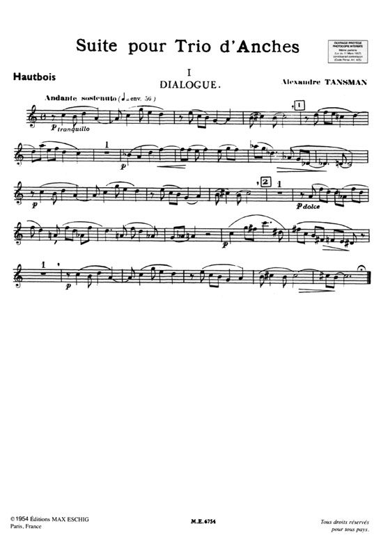 Alexandre Tansman【Suite】pour clarinette en si bemol, basson et hautbois