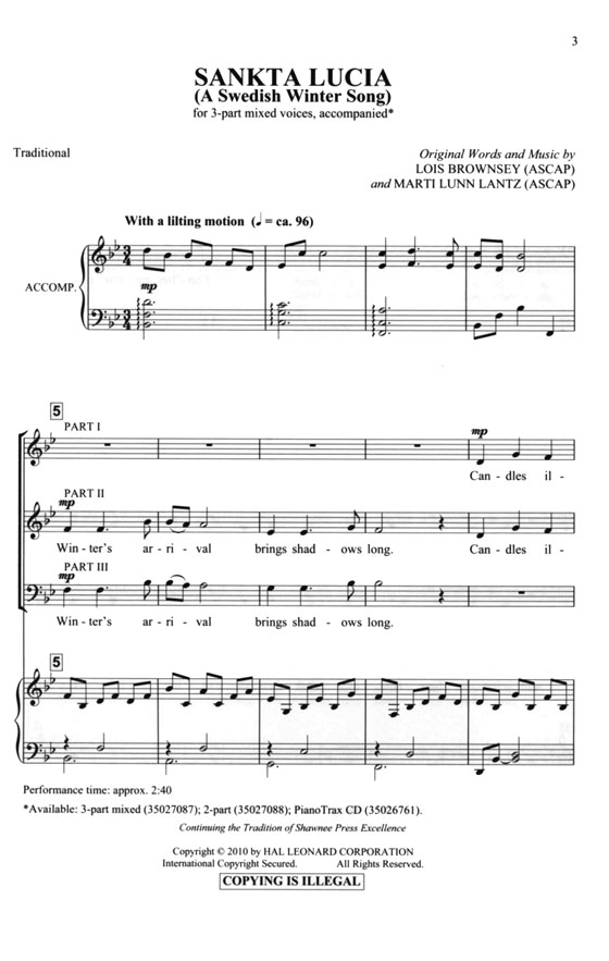 Sankta Lucia (A Swedish Winter Song) 3-part mixed