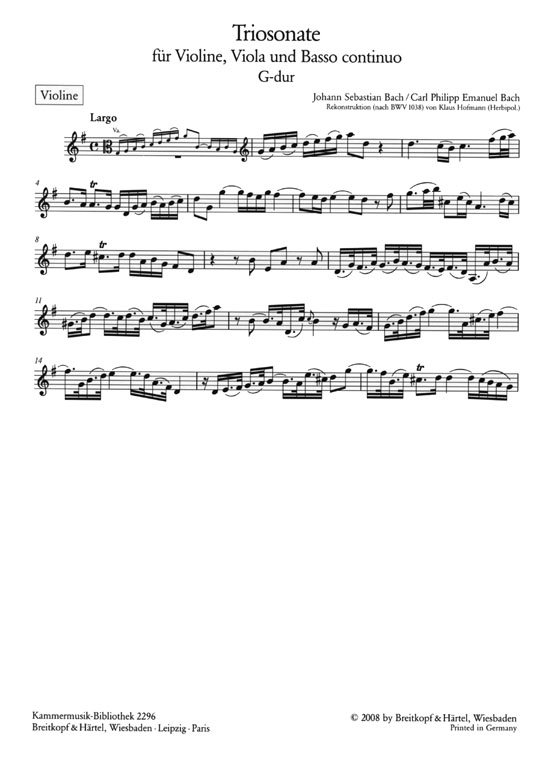 J.S. Bach／C.Ph.E.Bach【Triosonate G-dur nach BWV 1038】für Violine, Viola und Basso Continuo
