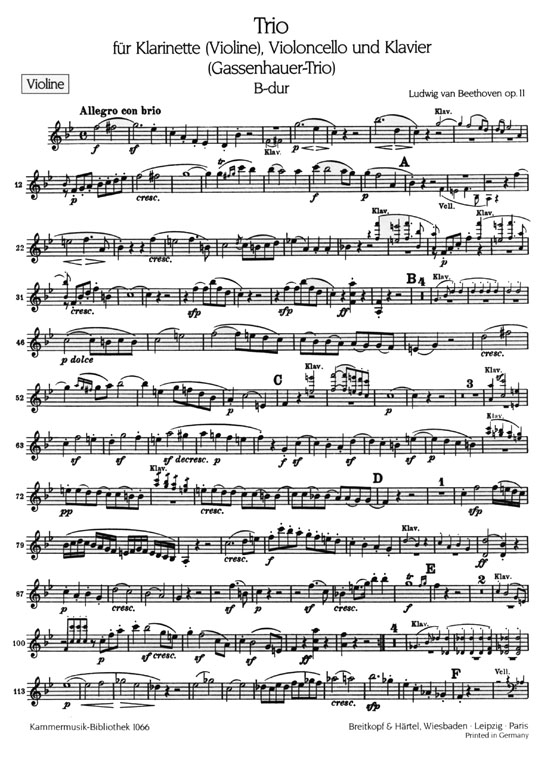 Beethoven【Trio B-dur , op. 11】für Klarinette (Violine), Violoncello und Klavier (Gassenhauer-Trio)