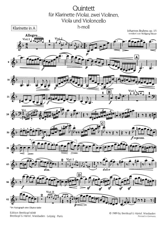 Johannes Brahms【Quintett h-moll , op. 115】für Klarinette (Viola), zwei Violinen, Viola und Violoncello