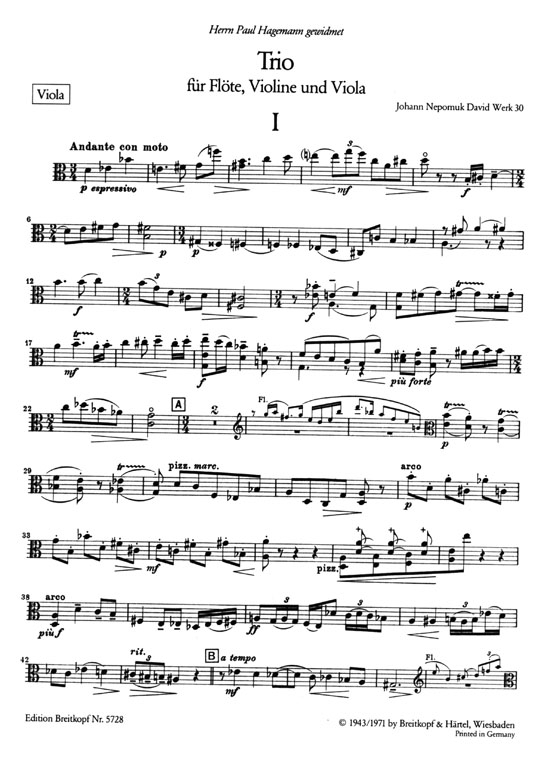 Joh.Nep.David【Trio , Werk 30】für Flote, Violine und Viola Joh.Nep.David【Trio , Werk 30】für Flote, Violine und Viola