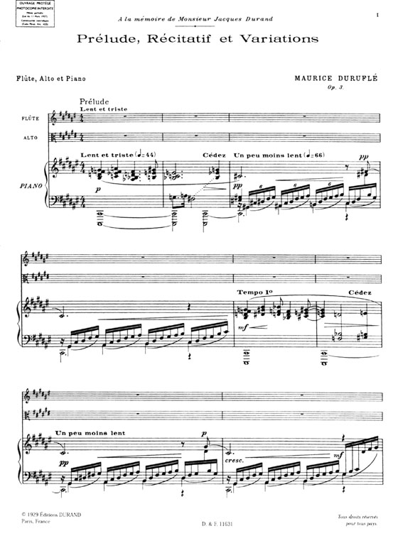 Maurice Durufele【Prelude, Recitatif et Variations , Opus 3】pour flute, alto & piano