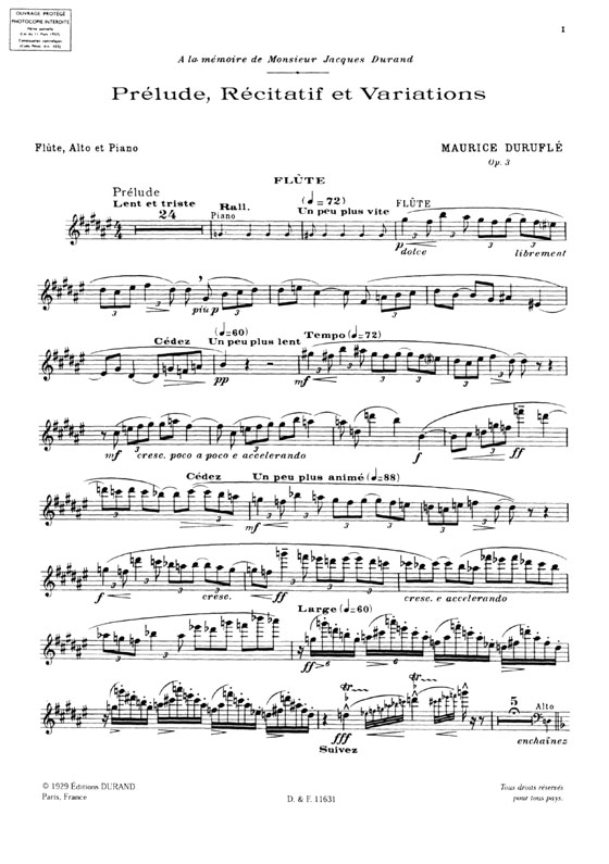 Maurice Durufele【Prelude, Recitatif et Variations , Opus 3】pour flute, alto & piano Maurice Durufele【Prelude, Recitatif et Variations , Opus 3】pour flute, alto & piano